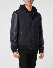 Nylon leather varsity bomber hooded jacket back