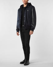 Black nylon leather varsity bomber hooded jacket detail
