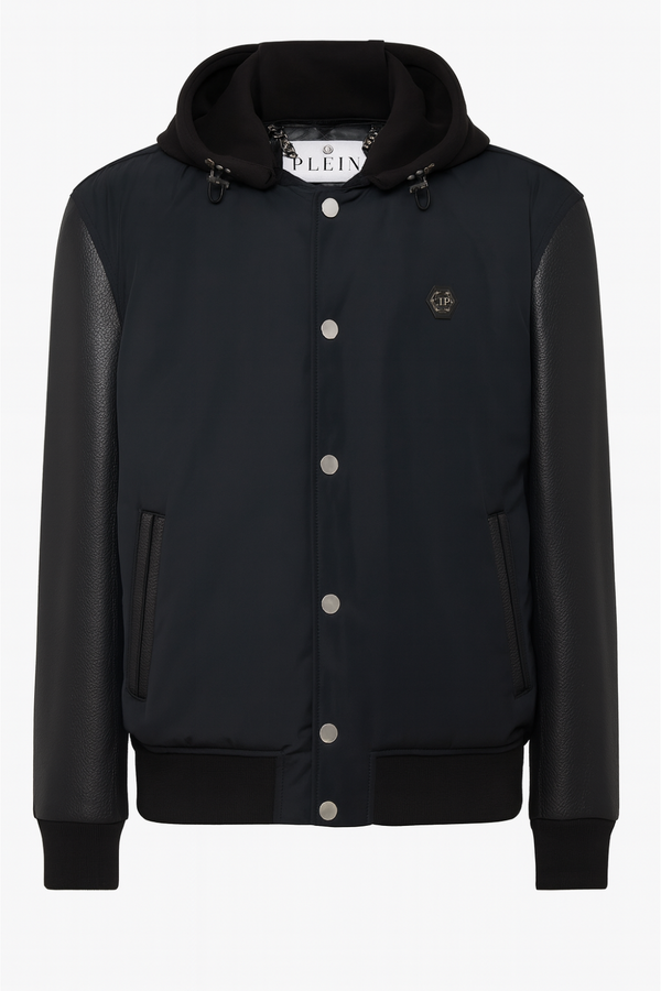 Nylon leather varsity bomber hooded jacket front
