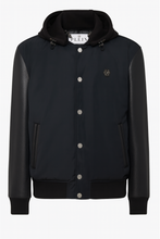 Nylon leather varsity bomber hooded jacket front