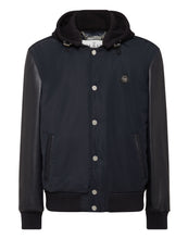 Stylish nylon leather varsity bomber hooded jacket