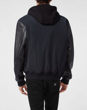 Nylon leather varsity bomber hooded jacket side view