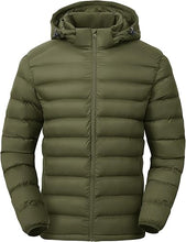 Slim fit look men’s olive green puffer jacket with hood