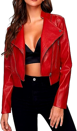 Women’s red lambskin leather jacket stylish biker coat front view