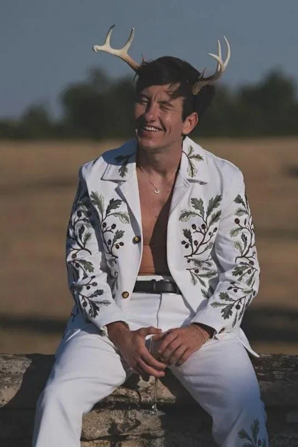Saltburn inspired Oliver Quick white embroidered suit front view