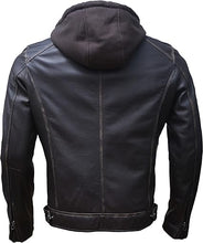 Close up of zipper detail on men’s slim fit black hooded leather jacket