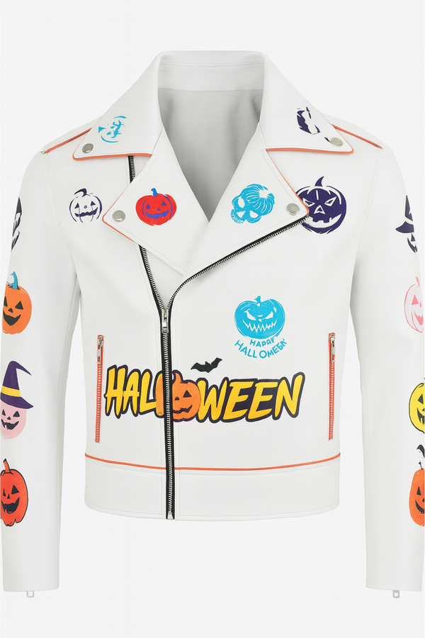 Stylish Halloween pumpkin white leather jacket for cosplay and party wear
