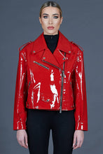 Stylish laminated red leather biker jacket for women back view