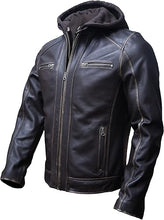 Side pose of stylish men’s black hooded leather jacket