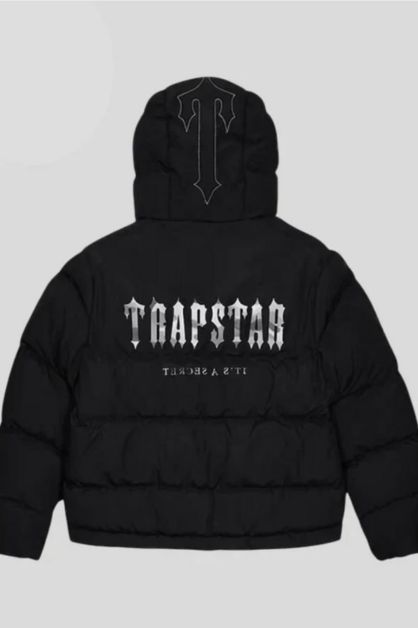 trapstar puffer jacket black front view for men