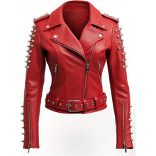 Premium red leather jacket with spikes close detail