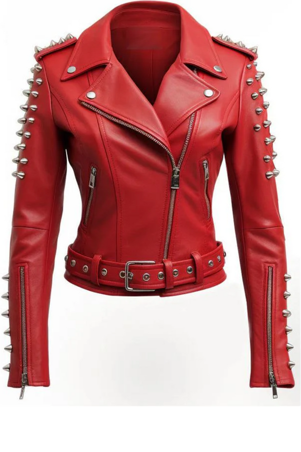 Women crimson red studs leather biker jacket front
