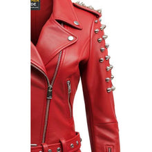Women crimson leather jacket punk rock side angle