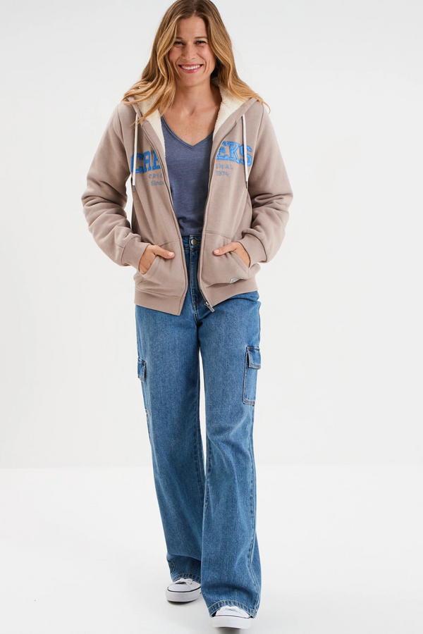 Women beige zip up hoodie casual wear
