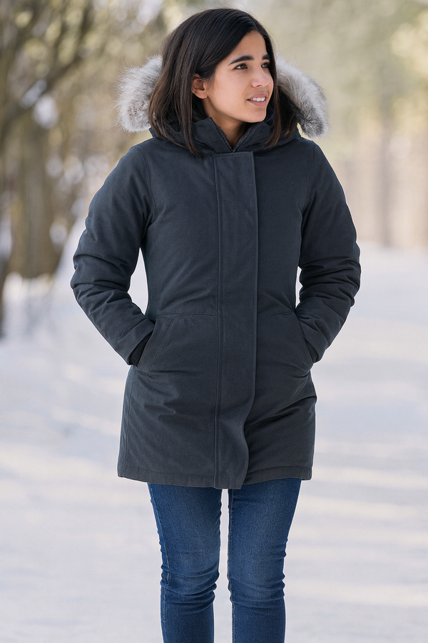 Women Black Winter Parka Jacket with Fur Hood