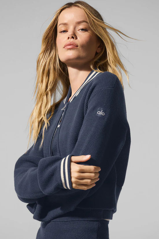 Women navy blue bomber jacket trendy front look