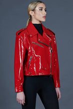 Women’s red leather oversize biker jacket short version side look