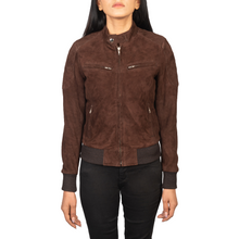 Women brown suede Zenna jacket closeup design